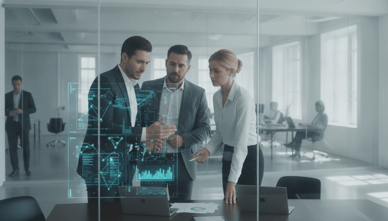 Ein Beraterteam diskutiert vor einem großen Bildschirm, auf dem Datenvisualisierungen und KI-Algorithmen zu sehen sind, im modernen Büroambiente.