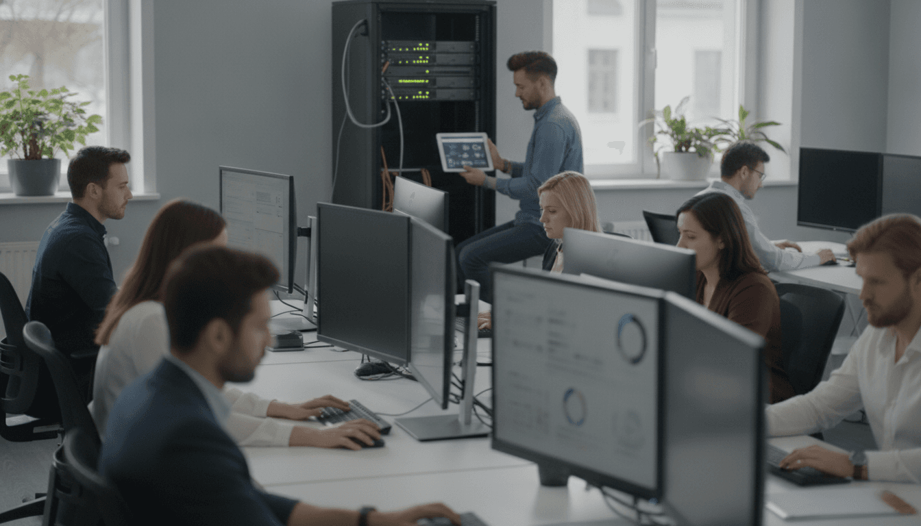 Mitarbeitende eines mittelständischen Unternehmens sitzen in einem modernen Büro vor Bildschirmen, während im Hintergrund ein IT-Sicherheitsexperte ein Serverrack überprüft und auf einem Tablet Diagramme zur Netzwerksicherheit anzeigt.