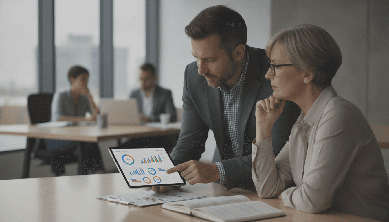 Ein Berater erklärt einem mittelständischen Unternehmer auf einem Tablet-Bildschirm ein Daten-Dashboard mit Grafiken und Kennzahlen. Sie sitzen in einem modernen Büro und besprechen die Ergebnisse.