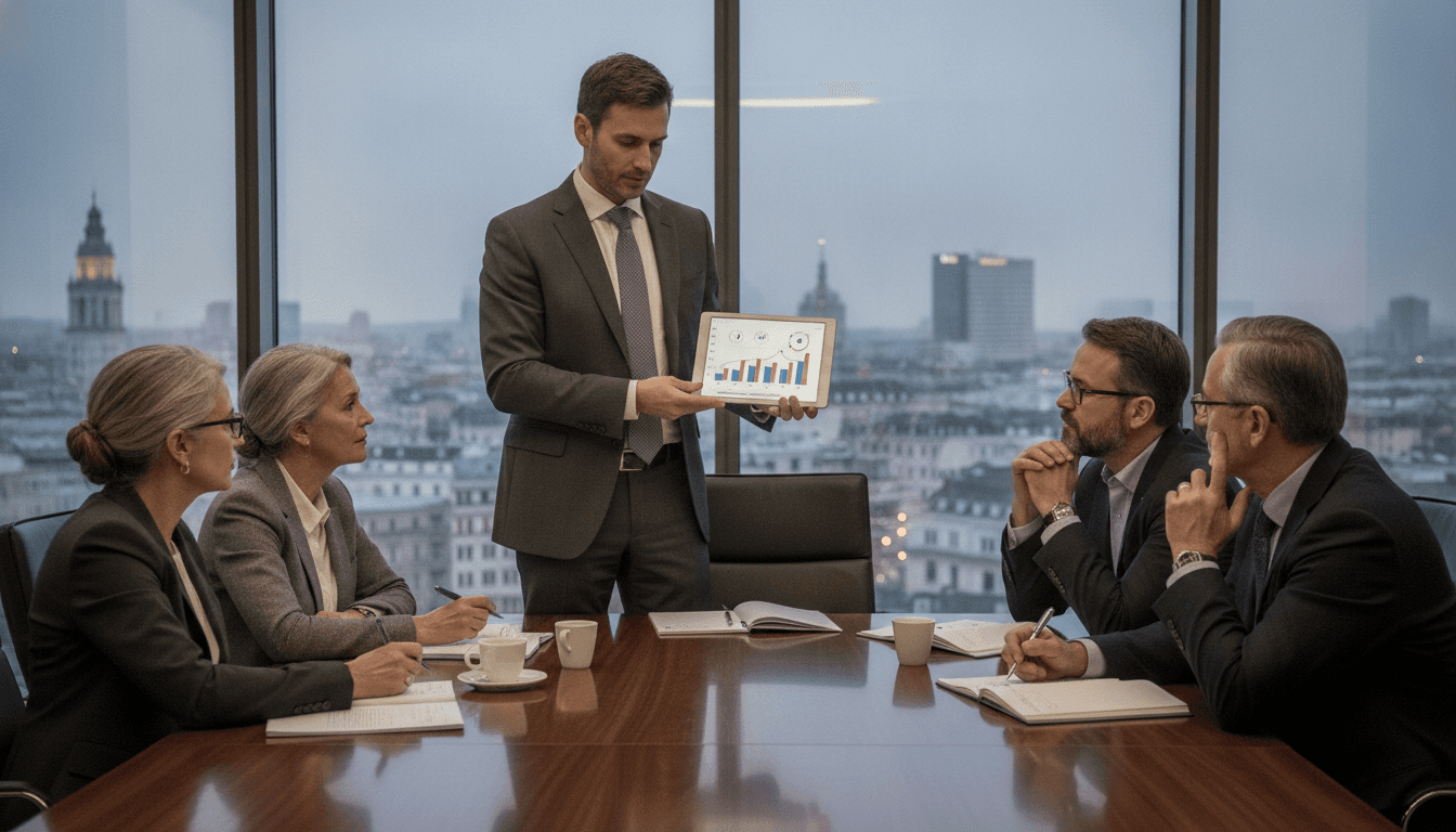 Ein externer Berater im Anzug präsentiert einem Familienunternehmen eine Strategie auf einem Tablet, während Mitglieder der Familie aufmerksam zuhören. Sie sitzen in einem modernen Konferenzraum mit Blick auf eine Stadtlandschaft.