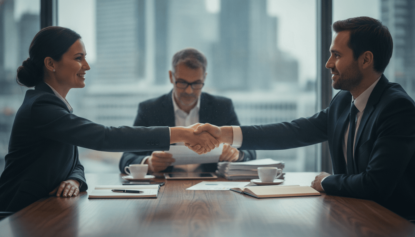 Zwei Geschäftsleute aus unterschiedlichen Unternehmen schütteln sich die Hand an einem Konferenztisch, während im Hintergrund ein drittes Teammitglied Unterlagen prüft, Symbol für eine gelungene Integration.