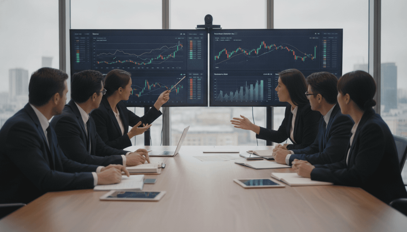 Eine Gruppe von Geschäftsleuten sitzt an einem modernen Besprechungstisch und analysiert Diagramme und Kennzahlen auf großen Bildschirmen. Die Stimmung ist konzentriert und vorausschauend, symbolisiert proaktives Krisenmanagement.
