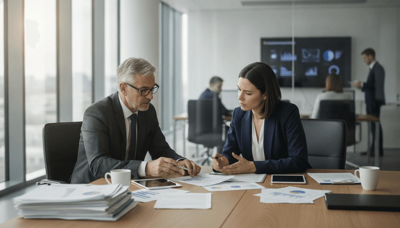 Zwei Manager, ein älterer und ein jüngerer, sitzen in einem modernen Büro an einem großen Tisch und besprechen Unterlagen zur Unternehmensübergabe.