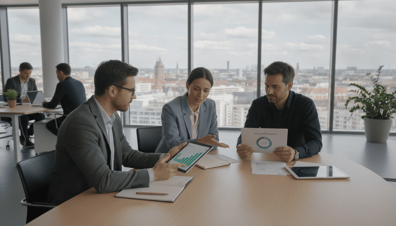 Geschäftsleute in einem modernen Bürogebäude, die an einem Tisch sitzen und über Diagramme und Tablet-Displays sprechen, die Umweltdaten und Nachhaltigkeitsmetriken darstellen.