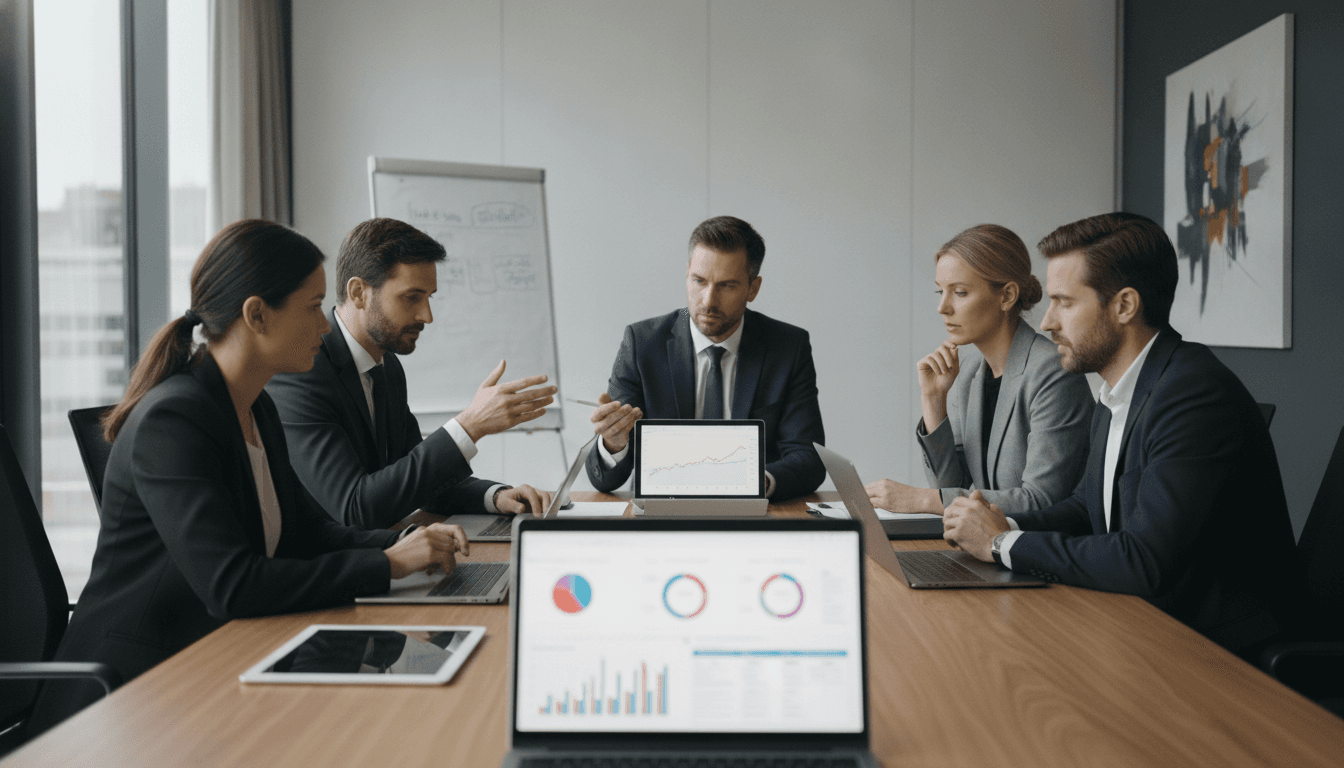 Eine Gruppe von Managern und Beratern analysiert an einem Konferenztisch mit Tablets und Laptops komplexe Daten und Diagramme zu Digitalisierungsprojekten.