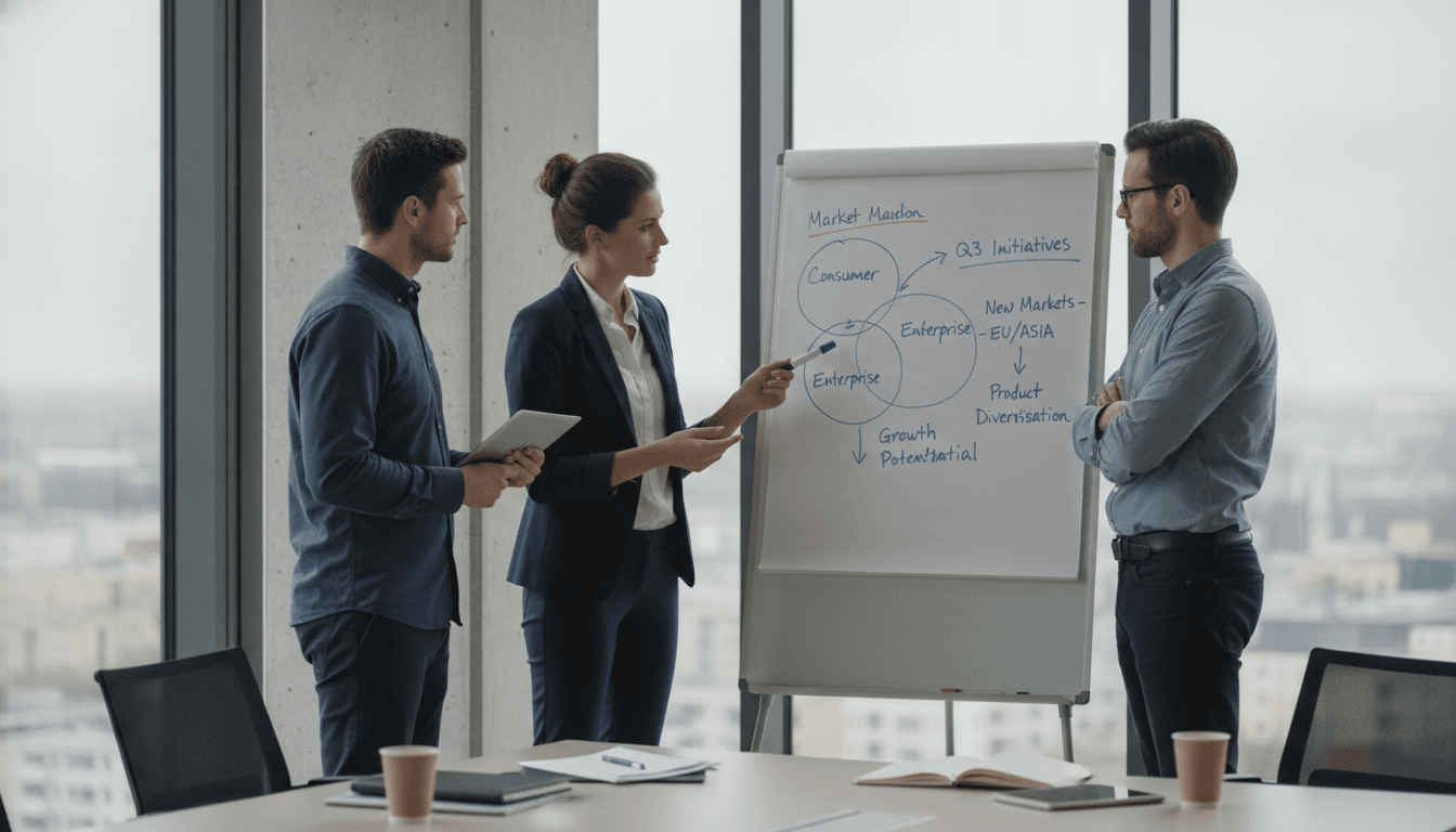 Drei Personen in einem modernen Büro bei einer intensiven Besprechung vor einem Whiteboard, auf dem Skizzen zu Marktsegmentierung und Wachstumsstrategien zu sehen sind. Die Atmosphäre ist konzentriert und kollaborativ.