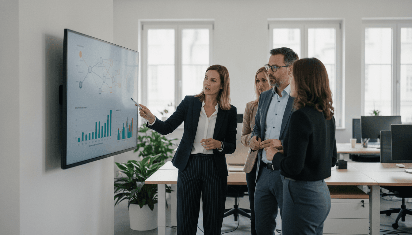 Vier Personen in einem modernen Büro diskutieren vor einem Bildschirm mit Geschäftsgrafiken und Datenvisualisierungen.