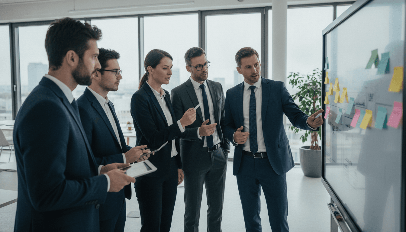 Eine Gruppe von Führungskräften und Mitarbeitern im Mittelstand diskutiert angeregt vor einem Whiteboard mit Post-its und Diagrammen, symbolisierend agile Strategieentwicklung.
