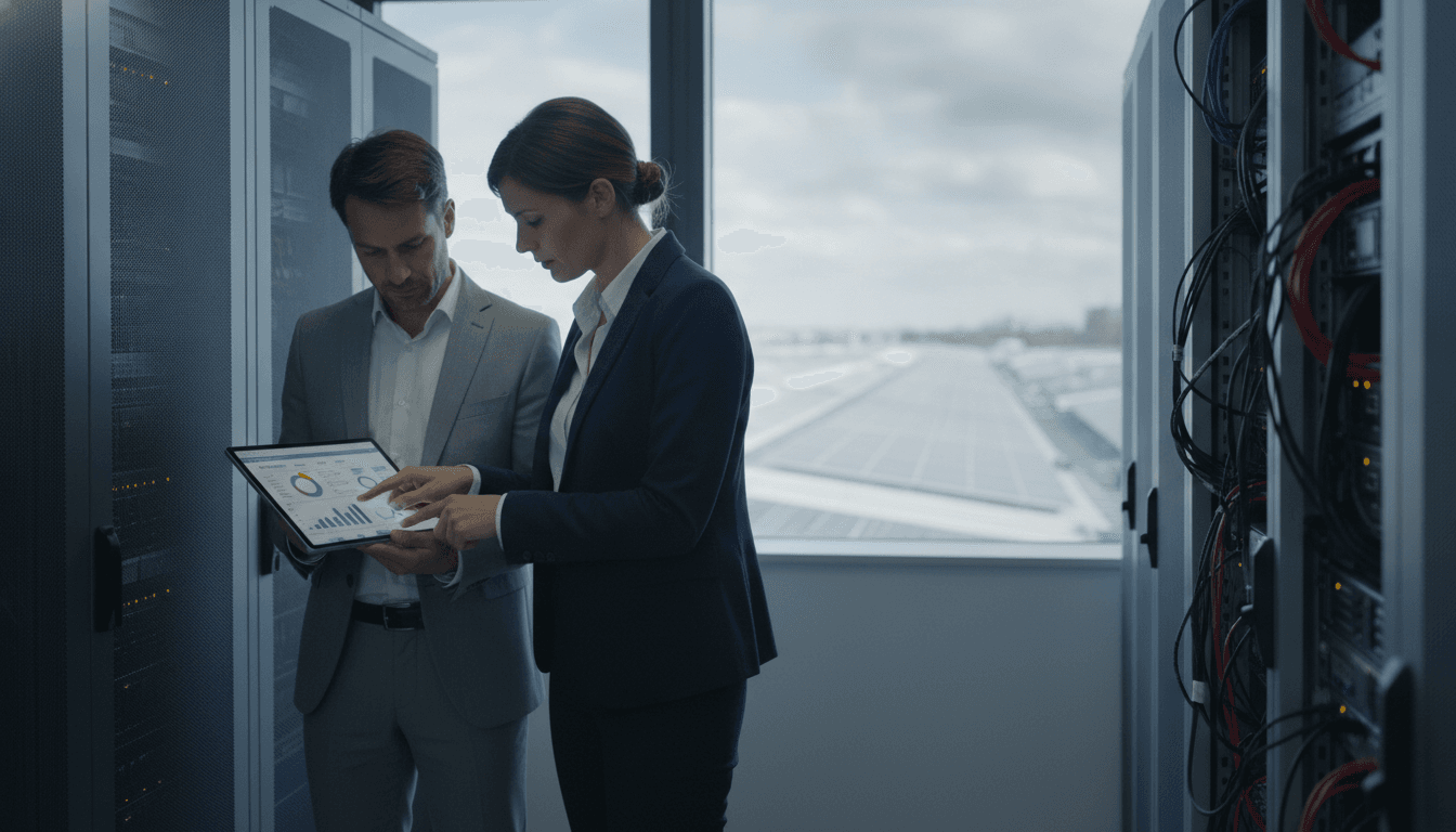 Mittelständische Unternehmerin und Berater analysieren vor einem modernen Serverraum die Energieverbrauchsdaten auf einem Tablet, während im Hintergrund Solarpanels auf einem Fabrikdach zu sehen sind.