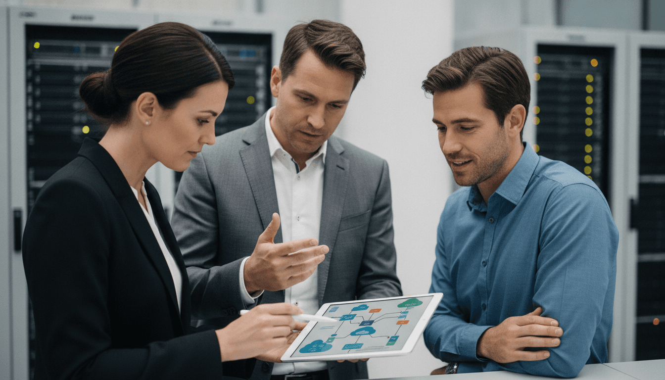 Ein Business-Meeting, bei dem drei Personen über einem Tablet-Computer sitzen und Datenvisualisierungen einer Cloud-Architektur besprechen. Im Hintergrund sind Serverracks schemenhaft zu erkennen.