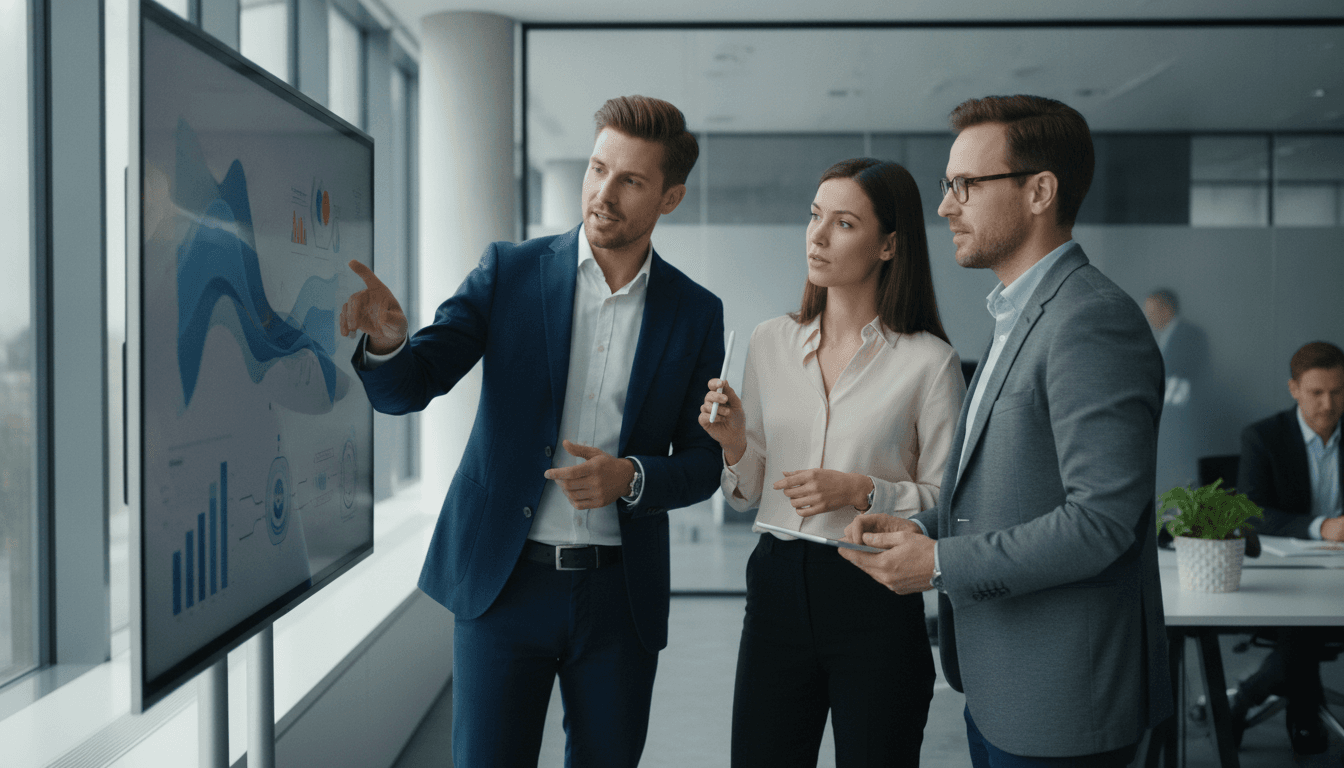 Drei Personen in einem modernen Besprechungsraum vor einem großen digitalen Bildschirm, der Diagramme und Daten zur digitalen Transformation zeigt. Sie diskutieren konzentriert eine Strategie.