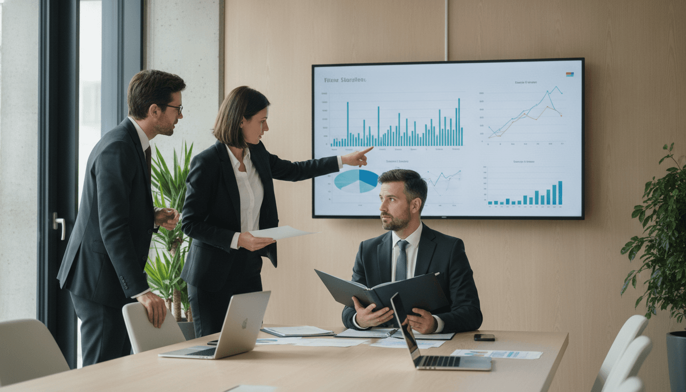 Zwei Berater analysieren vor einem Bildschirm Daten, während ein Private-Equity-Manager mit ihnen über die Ergebnisse der Due Diligence spricht. Im Hintergrund sind Finanzgrafiken zu sehen.