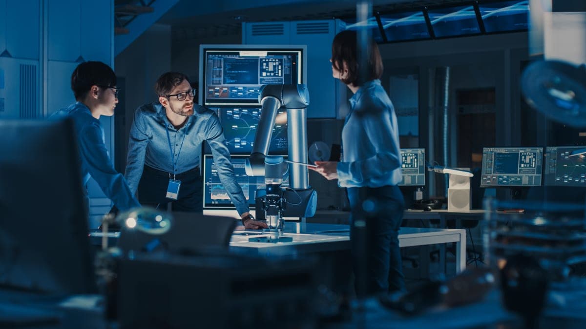 Zwei Ingenieure diskutieren an einem Roboterarm in einem blau beleuchteten Entwicklungslabor, Sinnbild für den Einzug von KI-Werkzeugen in die Beratungsarbeit