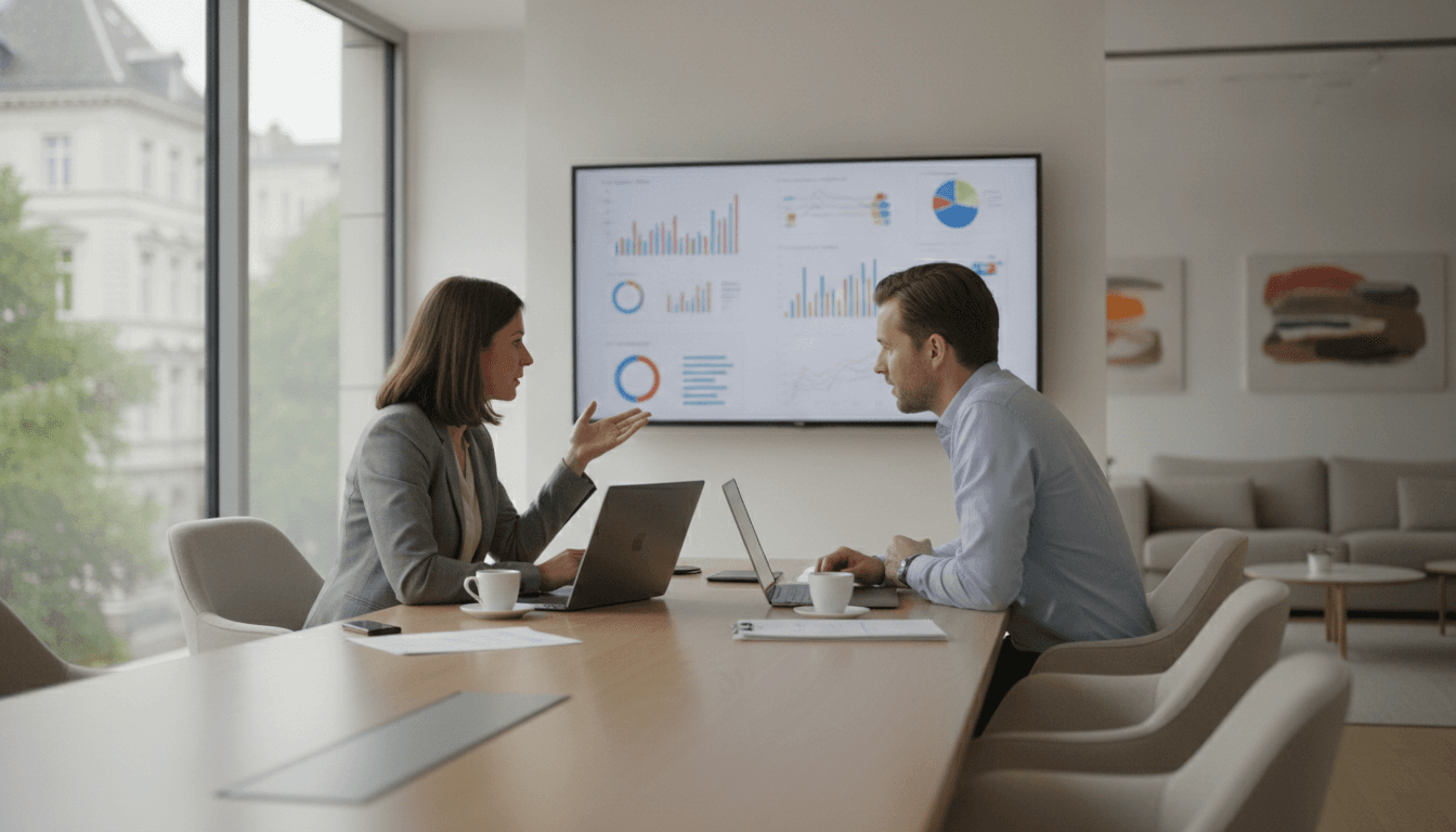 Zwei Personen, eine Frau und ein Mann mittleren Alters, sitzen an einem Konferenztisch mit Laptops und diskutieren intensiv über Diagramme auf einem Bildschirm. Sie tragen Business-Kleidung, der Raum wirkt modern und professionell, im Hintergrund ist eine digitale Darstellung zu sehen, die Daten oder eine Strategie visualisiert.