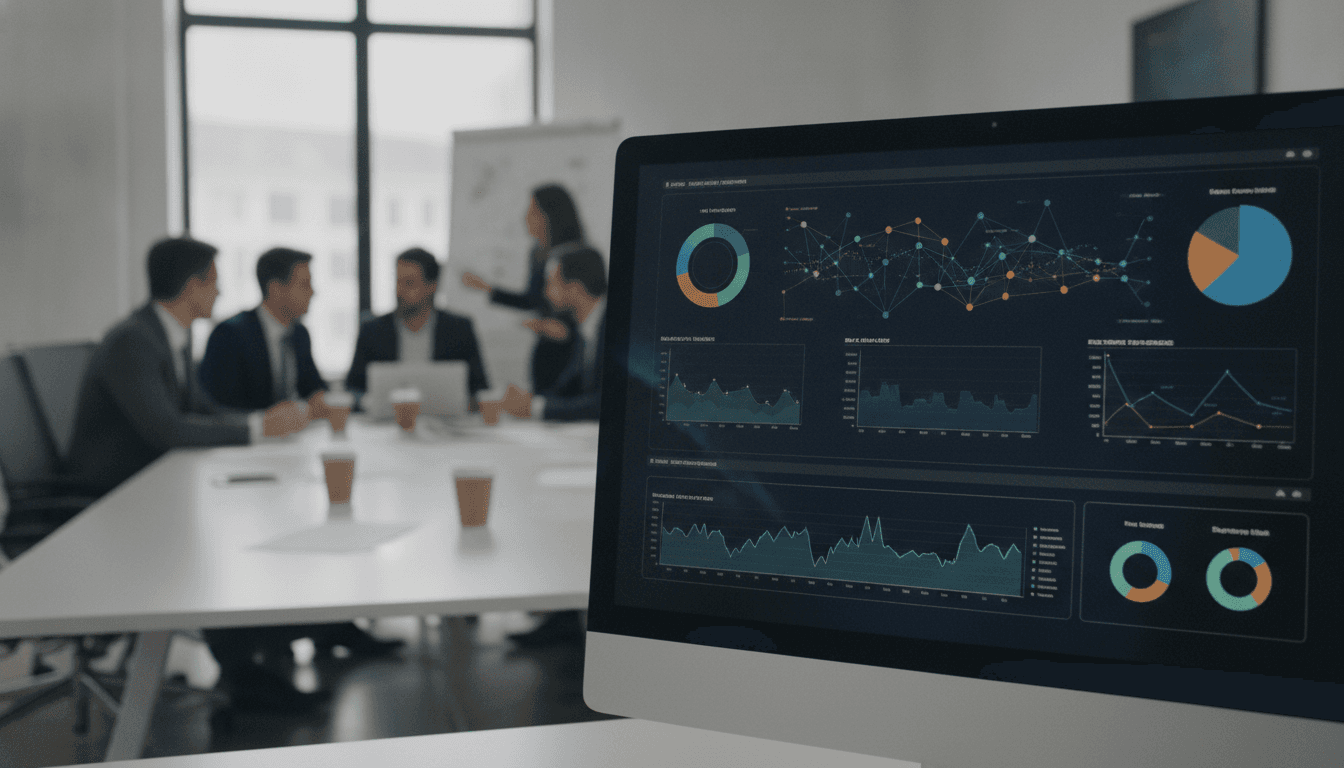 Nahaufnahme eines Monitors, der komplexe Datenvisualisierungen und Algorithmen zeigt, im Hintergrund unscharf ein Teammeeting in einem modernen Büro.