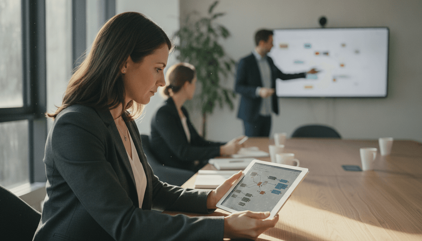 Nahaufnahme einer Beraterin, die an einem Tablet-Computer arbeitet und dabei ein visuelles Entwicklungstool nutzt, im Hintergrund verschwommen ein Meetingraum mit Kollegen.