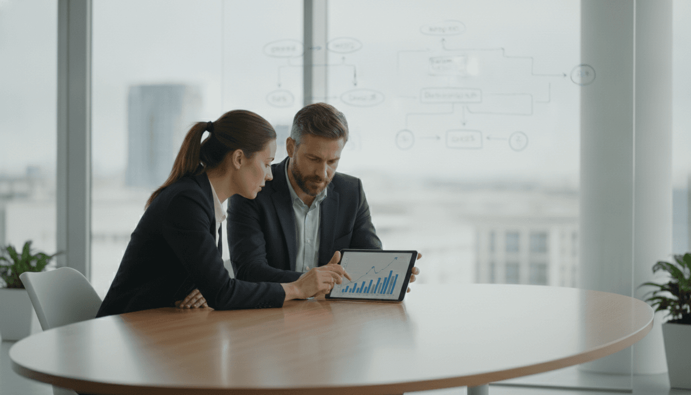 Ein Unternehmer im Gespräch mit zwei Investoren in einem modernen Büro, die auf einem Tablet Finanzdaten analysieren und dabei auf ein Whiteboard mit Strategie-Skizzen blicken.