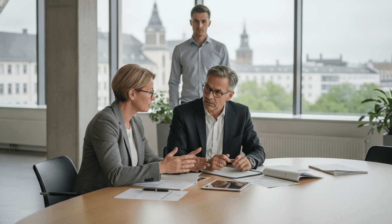 Zwei Geschäftspartner mittleren Alters sitzen in einem modernen Büro und besprechen Dokumente, während im Hintergrund ein jüngerer Mitarbeiter aufmerksam zuhört.