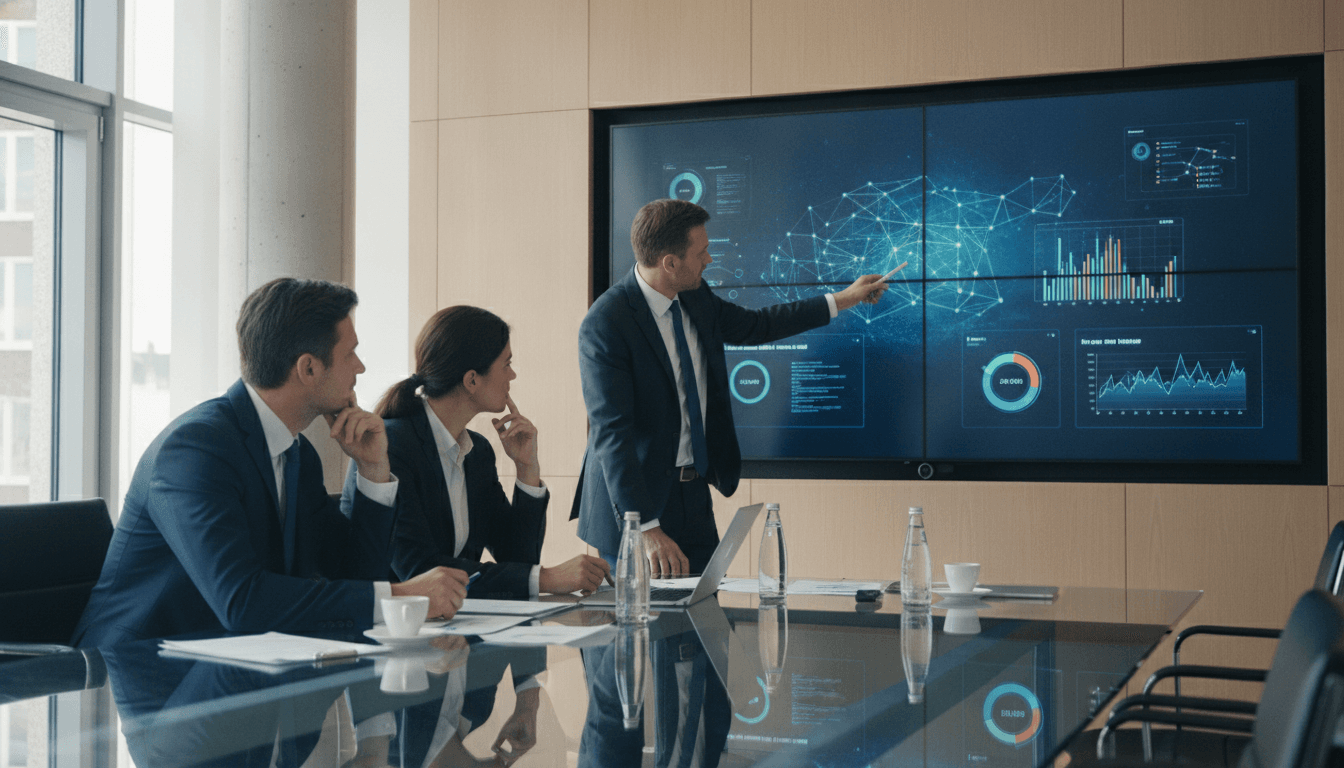 Mittelständische Führungskräfte besprechen in einem modernen Konferenzraum eine Strategie-Landkarte auf einem großen Bildschirm, der mit digitalen Dashboards und Grafiken gefüllt ist.
