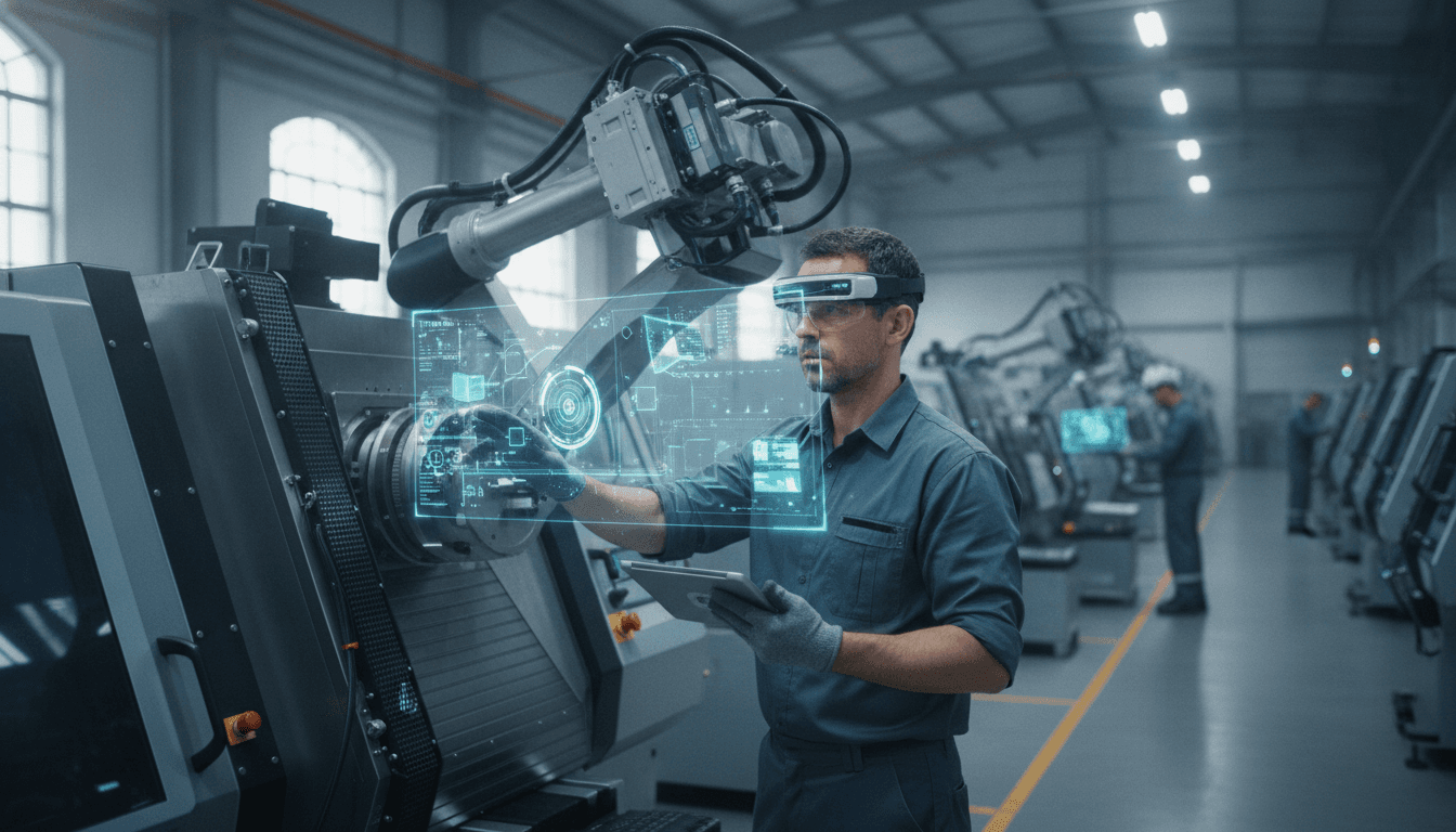 Ein Techniker mit einer Augmented-Reality-Brille inspiziert eine Produktionsmaschine in einer modernen Fabrikhalle.