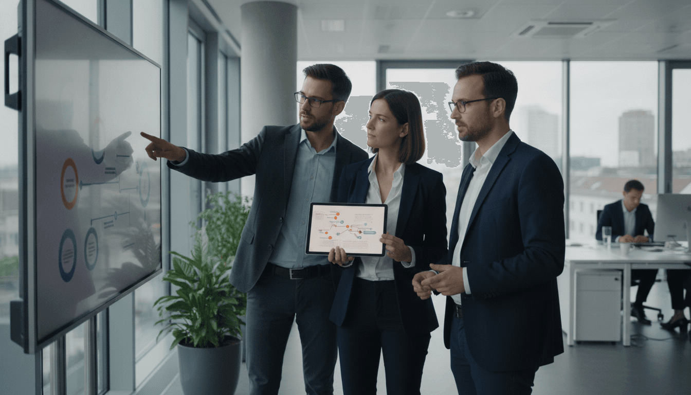 Geschäftspartner besprechen im Konferenzraum Diagramme zu Kreislaufwirtschaft und Nachhaltigkeitszielen, ein Tablet zeigt Materialflüsse.